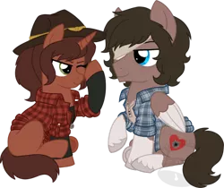 Size: 800x672 | Tagged: safe, artist:tambelon, derpibooru import, ponified, pegasus, pony, unicorn, carl grimes, clothes, colt, crossover, ellie, female, filly, hat, male, shipping, shirt, straight, the last of us, the walking dead, video game, watermark