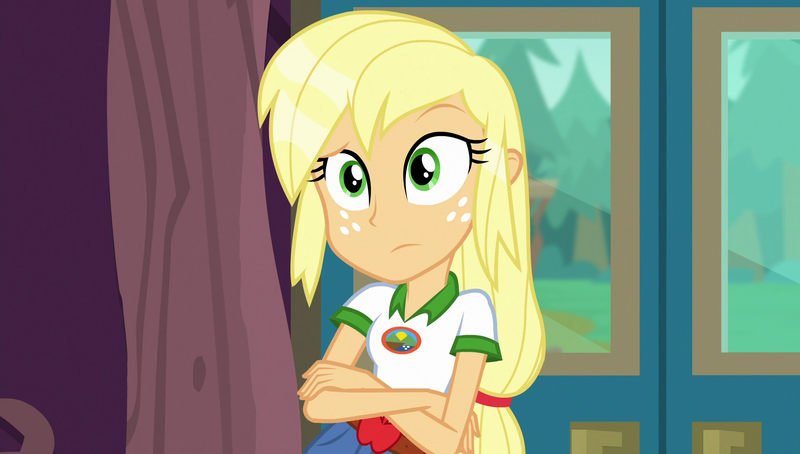 Size: 1920x1090 | Tagged: safe, derpibooru import, screencap, applejack, equestria girls, legend of everfree, camp everfree outfits, crossed arms, hatless, missing accessory, solo, wet hair