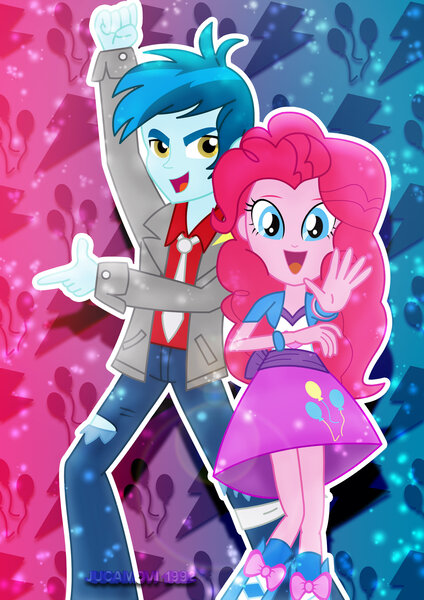 Size: 1600x2263 | Tagged: safe, artist:jucamovi1992, derpibooru import, pinkie pie, thunderbass, equestria girls, art trade, balloon, boots, bracelet, clothes, female, high heel boots, jacket, jewelry, looking at you, male, necktie, open mouth, pants, pinkiebass, shipping, shirt, skirt, smiling, straight, waving