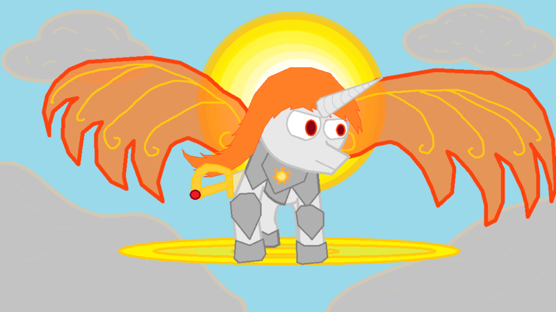 Size: 1152x648 | Tagged: safe, artist:infinita est lux solis, derpibooru import, oc, oc:edward blaze, unofficial characters only, pony, unicorn, armor, cleric, cloud, ethereal wings, ms paint, rapier, religion, sky, solar empire, sun, sword, weapon