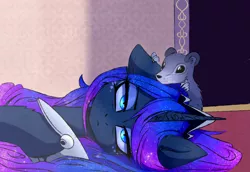 Size: 2114x1455 | Tagged: safe, artist:magnaluna, derpibooru import, idw, princess luna, tiberius, alicorn, opossum, pony, crown, duo, ear fluff, eyeshadow, galaxy mane, horn, jewelry, leg fluff, lidded eyes, lying down, makeup, pet, redraw, regalia, scene interpretation, side, tired, unamused