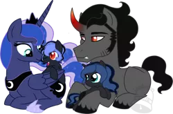 Size: 900x594 | Tagged: safe, artist:tambelon, derpibooru import, king sombra, princess luna, oc, oc:moon blossom, oc:prince nocturne, alicorn, pony, unicorn, colt, female, filly, lumbra, male, mare, offspring, parent:king sombra, parent:princess luna, parents:lumbra, shipping, simple background, stallion, straight, transparent background, watermark