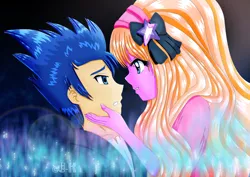 Size: 1600x1131 | Tagged: safe, artist:jotakaanimation, derpibooru import, flash sentry, oc, oc:aglaope, human, mermaid, equestria girls, canon x oc, couple, cute, dark stars, digital art, shipping, spell, villainess