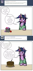 Size: 788x1670 | Tagged: safe, artist:dreamingnoctis, derpibooru import, twilight sparkle, pony, unicorn, ask asylum twilight, ask, asylum, cake, clothes, cloven hooves, comic, file, food, horn cap, magic suppression, rock candy, shirt, solo, tumblr, unshorn fetlocks