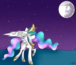 Size: 1400x1200 | Tagged: safe, artist:pinkpearlmlp, derpibooru import, princess celestia, alicorn, pony, crying, mare in the moon, moon, night, raised hoof, sad, solo, spread wings, walking