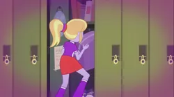 Size: 1100x618 | Tagged: safe, derpibooru import, screencap, cloudy kicks, equestria girls, music to my ears, rainbow rocks, bag, book, boots, clothes, high heel boots, lockers, mirror, raised leg, rear view, shoes, sneakers