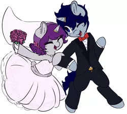 Size: 1280x1148 | Tagged: safe, artist:wickedsilly, derpibooru import, oc, oc:sleepy head, oc:wicked silly, unofficial characters only, pony, unicorn, bipedal, bouquet, bowtie, clothes, couple, cute, dress, eyes closed, female, horn ring, husband and wife, jewelry, male, mare, married couple, necklace, oc x oc, ocbetes, one eye closed, open mouth, ponysona, shipping, simple background, smiling, stallion, straight, suit, wedding dress, white background, wickedsleepy