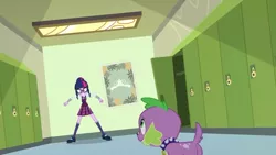 Size: 854x480 | Tagged: safe, derpibooru import, screencap, sci-twi, spike, spike the regular dog, twilight sparkle, dog, equestria girls, friendship games, clothes, crystal prep academy uniform, fall formal poster, glasses, scared, school uniform, shoes, skirt, socks