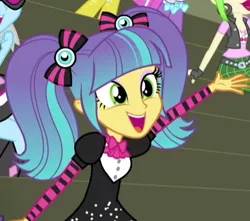 Size: 417x368 | Tagged: safe, derpibooru import, screencap, cherry crash, diamond tiara, photo finish, pixel pizazz, silver spoon, equestria girls, rainbow rocks, boots, bowtie, cherry, clothes, cropped, ear piercing, earring, fingerless gloves, food, gloves, high heel boots, jewelry, piercing