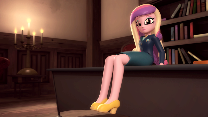 Size: 1920x1080 | Tagged: safe, artist:razethebeast, derpibooru import, princess cadance, equestria girls, 3d, book, bookshelf, candle, clothes, dean cadance, desk, eyeshadow, high heels, looking at you, makeup, shoes, sitting, skirt, solo, source filmmaker