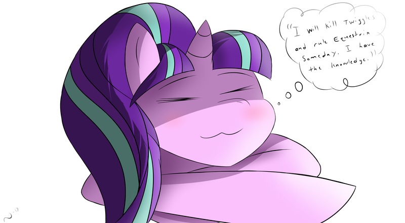 Size: 2000x1100 | Tagged: safe, artist:the4thhomunculus, derpibooru import, starlight glimmer, pony, unicorn, :3, blushing, eyes closed, simple background, sleeping, smiling, solo, thought bubble, white background, x3