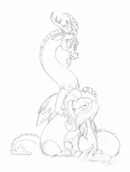 Size: 1503x1991 | Tagged: safe, artist:fluffygriffonbutt, derpibooru import, discord, fluttershy, draconequus, pegasus, pony, clean, discoshy, female, hug, male, shipping, sketch, straight