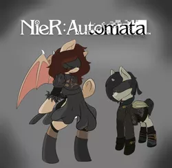 Size: 3259x3200 | Tagged: suggestive, artist:syntiset, derpibooru import, oc, oc:schurl miller, ponified, unofficial characters only, bat pony, pony, 2b, 9s, bandage, bat wings, clothes, crossover, dress, female, leotard, male, mare, nier, nier: automata, panties, pants, simple background, skirt, stallion, underwear