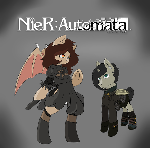 Size: 3259x3200 | Tagged: suggestive, artist:syntiset, derpibooru import, oc, oc:schurl miller, ponified, unofficial characters only, bat pony, pony, 2b, 9s, bat wings, clothes, crossover, dress, female, leotard, male, mare, nier, nier: automata, panties, pants, simple background, skirt, stallion, underwear