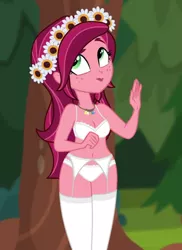 Size: 452x622 | Tagged: suggestive, derpibooru import, edit, edited screencap, editor:ah96, screencap, gloriosa daisy, equestria girls, legend of everfree, belly button, bra, breast edit, breasts, cleavage, clothes, cropped, female, freckles, garter belt, lingerie, magical geodes, panties, solo, solo female, stockings, thigh highs, underwear, underwear edit, white underwear