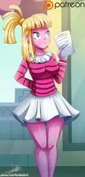 Size: 1243x2566 | Tagged: safe, artist:the-butch-x, derpibooru import, bleeding heart, equestria girls, the saddle row review, canterlot high, clothes, commission, cute, dress, equestria girls-ified, female, legs, paper, patreon, patreon logo, ponytail, preview, skirt, solo, standing, striped shirt