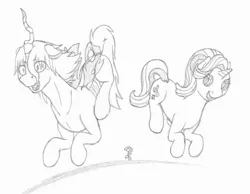 Size: 1351x1050 | Tagged: safe, artist:parallel black, derpibooru import, meadow flower, queen chrysalis, starlight glimmer, changeling, changeling queen, pony, unicorn, a better ending for chrysalis, alternate ending, cute, cutealis, duo, duo female, female, flower, friendship, frolicking, glimmerbetes, good end, happy, harsher in hindsight, hill, jumping, looking at you, meadow, monochrome, simple background, sketch, smiling, white background