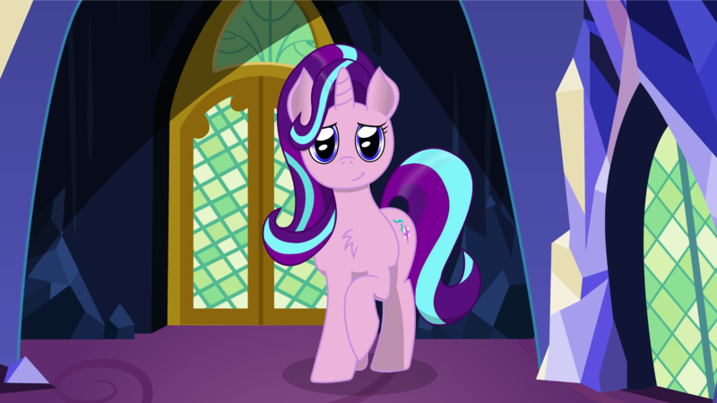 Size: 2222x1250 | Tagged: safe, artist:derpymadness, artist:evilbob0, derpibooru import, starlight glimmer, pony, unicorn, chest fluff, female, looking at you, mare, raised hoof, smiling, solo, twilight's castle