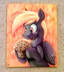 Size: 1674x1894 | Tagged: safe, artist:moostargazer, derpibooru import, derpy hooves, pegasus, pony, female, food, mare, muffin, solo, traditional art