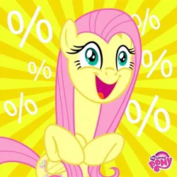 Size: 640x640 | Tagged: derpibooru import, excited, fluttershy, happy, my little pony logo, official, percent, rarity tugs her mane, safe, solo, translated in the description, tugging