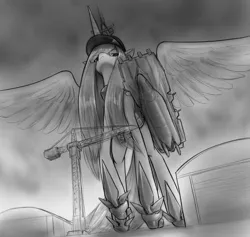 Size: 1269x1204 | Tagged: safe, artist:alloyrabbit, derpibooru import, oc, oc:alicarrier, unofficial characters only, alicorn, boatpony, pony, alicorn oc, battleship ponies, crane, giant pony, grayscale, looking down, macro, monochrome, shipmare, spread wings