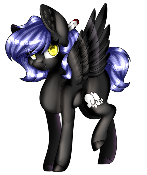 Size: 1024x1221 | Tagged: safe, artist:ohhoneybee, artist:xxmissteaxx, derpibooru import, oc, oc:cloudy night, unofficial characters only, pegasus, pony, collaboration, fangs, feather, female, looking at you, mare, open collaboration, raised leg, simple background, smiling, solo, spread wings, transparent background, yellow eyes