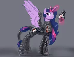 Size: 1280x989 | Tagged: safe, artist:silfoe, derpibooru import, twilight sparkle, twilight sparkle (alicorn), alicorn, pony, armor, crossover, female, glowing horn, gray background, gun, levitation, magic, mare, mass effect, n7, n7 armor, serious, serious face, simple background, solo, telekinesis, video game, warrior twilight sparkle, weapon