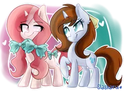 Size: 1024x755 | Tagged: safe, artist:slasharu, derpibooru import, oc, oc:diamante, oc:gummi, unofficial characters only, pony, unicorn, bow, female, hair bow, mare, raised hoof