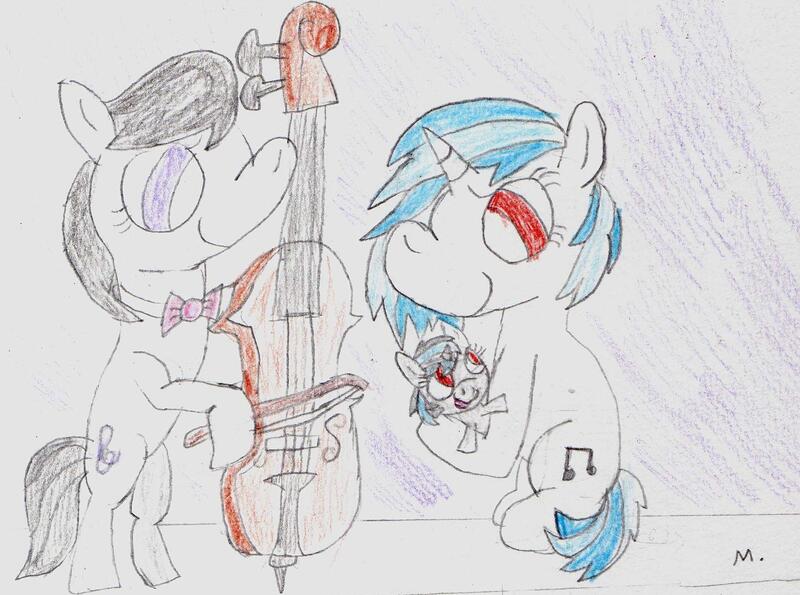 Size: 1926x1433 | Tagged: safe, artist:ptitemouette, derpibooru import, octavia melody, vinyl scratch, oc, oc:bass canon, pony, unicorn, cello, female, filly, holding a pony, lesbian, magical lesbian spawn, musical instrument, offspring, parent:octavia melody, parent:vinyl scratch, parents:scratchtavia, scratchtavia, shipping, traditional art