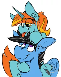 Size: 2018x2558 | Tagged: safe, artist:ralek, artist:varulv, derpibooru import, oc, oc:silver lining, oc:swift note, unofficial characters only, hippogriff, hybrid, pony, unicorn, cute, freckles, horn, piercing, ponytail, size difference, tongue out