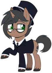 Size: 1780x2500 | Tagged: safe, artist:higgly-chan, derpibooru import, oc, oc:classy tophat, unofficial characters only, pony, unicorn, clothes, fancy, glasses, green eyes, hat, looking away, male, simple background, stallion, suit, top hat, transparent background