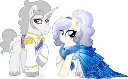 Size: 1139x700 | Tagged: safe, artist:tambelon, derpibooru import, oc, oc:opalescent pearl, oc:prince topaz, unofficial characters only, crystal pony, pony, unicorn, clothes, dress, female, jewelry, male, mare, oc x oc, shipping, stallion, tiara, topalescent, uniform, watermark