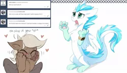Size: 1168x674 | Tagged: safe, artist:hioshiru, derpibooru import, oc, oc:patch, oc:sharinn, unofficial characters only, dracony, dragon, feathered dragon, hybrid, pony, sphinx, blushing, heart, paws, sphinx oc, underpaw, watch