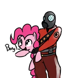 Size: 1039x1115 | Tagged: safe, artist:neuro, derpibooru import, pinkie pie, earth pony, human, pony, bang, cute, diapinkes, female, gas mask, holding a pony, mare, mask, pyro, simple background, sound effects, team fortress 2, transparent background, weapons-grade cute