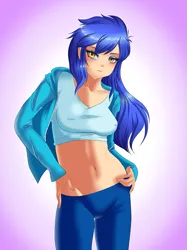 Size: 597x800 | Tagged: artist:thebrokencog, belly button, blushing, breasts, busty princess ember, clothes, derpibooru import, erect nipples, eyeshadow, female, gradient background, human, humanized, loose hair, makeup, midriff, nipple outline, pants, princess ember, short shirt, slit eyes, solo, solo female, standing, style emulation, suggestive, sweater, yellow eyes