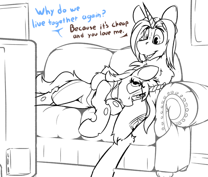 Size: 2426x2069 | Tagged: safe, artist:ralek, derpibooru import, changeling queen oc, oc, oc:light landstrider, oc:rescue pony, unofficial characters only, changeling, changeling queen, pony, unicorn, changeling oc, couch, cuddling, female, head on lap, male, monochrome, oc x oc, shipping, sketch, straight, talking, television