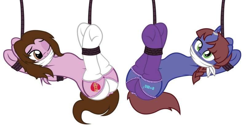 Size: 3416x1768 | Tagged: questionable, artist:digiqrow, deleted from derpibooru, derpibooru import, oc, oc:ditzy theory, oc:love beat, unofficial characters only, pegasus, pony, unicorn, belly button, bondage, bound wings, braid, cloth gag, clothes, cutie mark, female, females only, frilly underwear, gag, horn ring, magic suppression, panties, plot, purple underwear, rope, simple background, stockings, thigh highs, transparent background, underwear, vector, white underwear