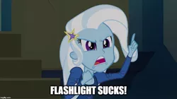 Size: 896x500 | Tagged: safe, derpibooru import, edit, edited screencap, screencap, trixie, equestria girls, rainbow rocks, image macro, meme, mouthpiece, solo, trixie yells at everything