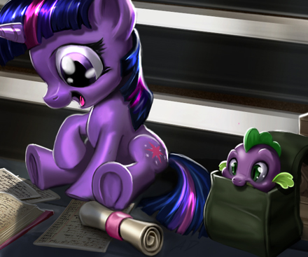 Size: 440x367 | Tagged: safe, artist:harwick, derpibooru import, edit, spike, twilight sparkle, dragon, pony, unicorn, baby, baby dragon, baby spike, backpack, book, castle, cute, cutie mark, female, filly, filly twilight sparkle, hnnng, male, nom, open book, open mouth, paper, scroll, sitting, smiling, soon, spikabetes, stairs, twiabetes, underhoof, unicorn twilight, younger