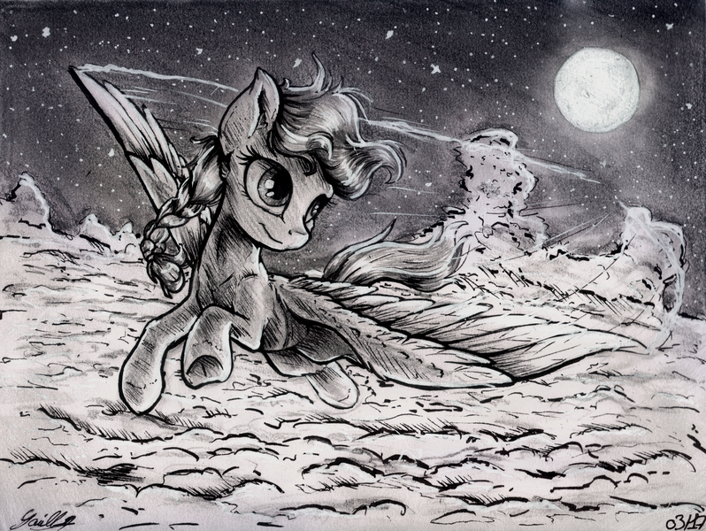 Size: 2346x1765 | Tagged: safe, artist:gaelledragons, derpibooru import, oc, oc:blue zap, unofficial characters only, pegasus, pony, cloud, female, flying, mare, monochrome, moon, night, solo, traditional art