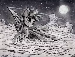 Size: 2346x1765 | Tagged: safe, artist:gaelledragons, derpibooru import, oc, oc:blue zap, unofficial characters only, pegasus, pony, cloud, female, flying, mare, monochrome, moon, night, solo, traditional art