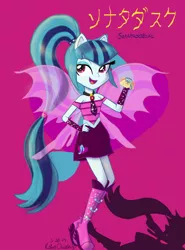 Size: 1024x1387 | Tagged: safe, artist:robocheatsy, derpibooru import, sonata dusk, equestria girls, rainbow rocks, boots, clothes, food, high heel boots, jewelry, necktie, open mouth, pendant, pony ears, shadow, smiling, solo, sparkles, taco, text, wings