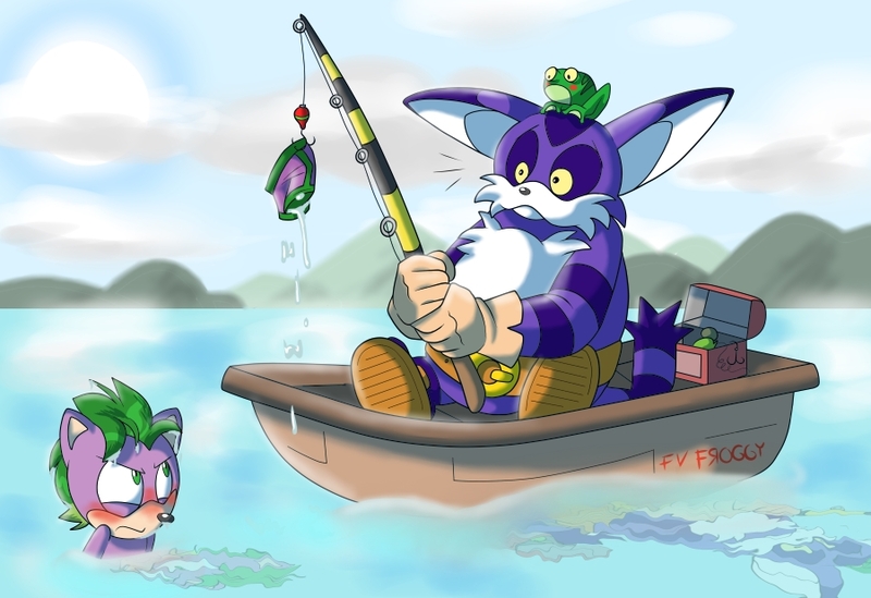 Size: 900x618 | Tagged: anthro, artist:atomiclance, big the cat, boat, crossover, dead source, derpibooru import, dragon, fishing rod, frog, froggy, safe, sonicified, sonic the hedgehog (series), spike