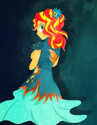 Size: 1024x1320 | Tagged: safe, artist:scarabdynasty1, derpibooru import, sunset shimmer, equestria girls, legend of everfree, clothes, crystal gala, dress, rear view, signature