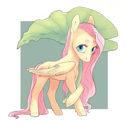 Size: 1200x1200 | Tagged: safe, artist:amphoera, derpibooru import, fluttershy, pegasus, pony, beanbrows, crossed hooves, eyebrows, leaf, leaf umbrella, looking at you, no mouth, simple background, solo, wings