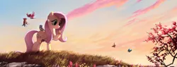Size: 1640x624 | Tagged: safe, artist:ruhje, derpibooru import, fluttershy, bird, butterfly, pegasus, pony, beautiful, female, flower, folded wings, grass, hoof hold, looking at something, mare, raised hoof, scenery, sky, smiling, solo, spring, wings