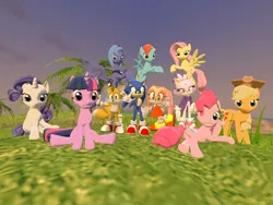 Size: 1024x768 | Tagged: 3d, applejack, artist:migueruchan, blaze the cat, cream the rabbit, crossover, derpibooru import, fluttershy, gmod, mane six, miles "tails" prower, pinkie pie, princess luna, rainbow dash, rarity, s1 luna, safe, sonic the hedgehog, sonic the hedgehog (series), twilight sparkle