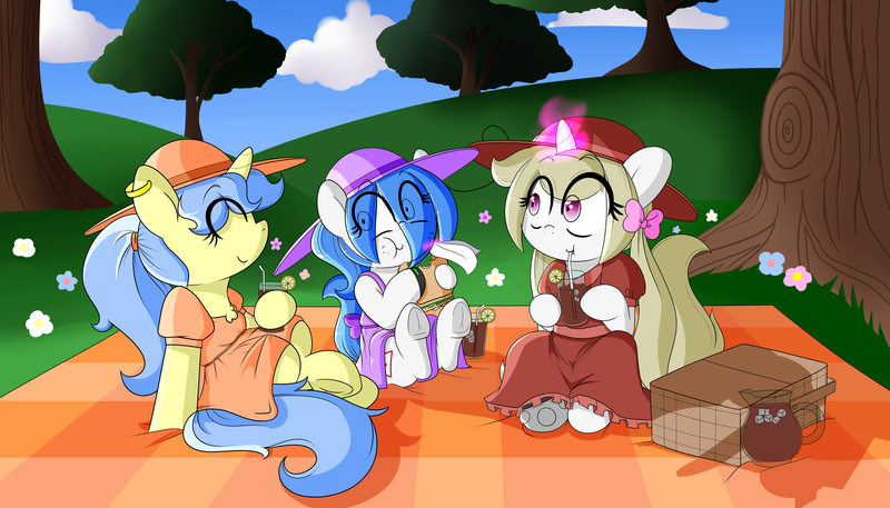 Size: 7000x4000 | Tagged: safe, artist:fullmetalpikmin, derpibooru import, oc, oc:cherry blossom, oc:mal, oc:viewing pleasure, unofficial characters only, earth pony, pony, unicorn, tumblr:ask viewing pleasure, absurd resolution, clothes, congenital amputee, dress, drinking, eating, female, food, frog (hoof), happy, hat, hoof hold, levitation, magic, mare, outdoors, picnic, ponytail, prosthetic limb, prosthetics, sitting, spring, sundress, tea, telekinesis, tree, underhoof