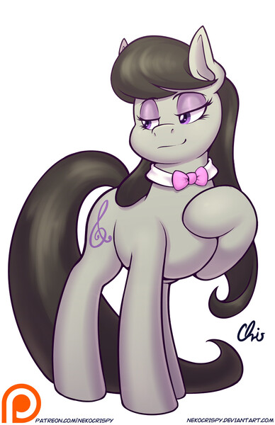 Size: 825x1275 | Tagged: safe, artist:nekocrispy, derpibooru import, octavia melody, earth pony, pony, commission, female, necktie, patreon, patreon logo, raised hoof, simple background, solo, white background