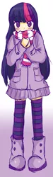 Size: 576x1924 | Tagged: artist:applestems, blushing, boots, clothes, coat, derpibooru import, human, humanized, jacket, safe, scarf, solo, twilight sparkle, winter outfit